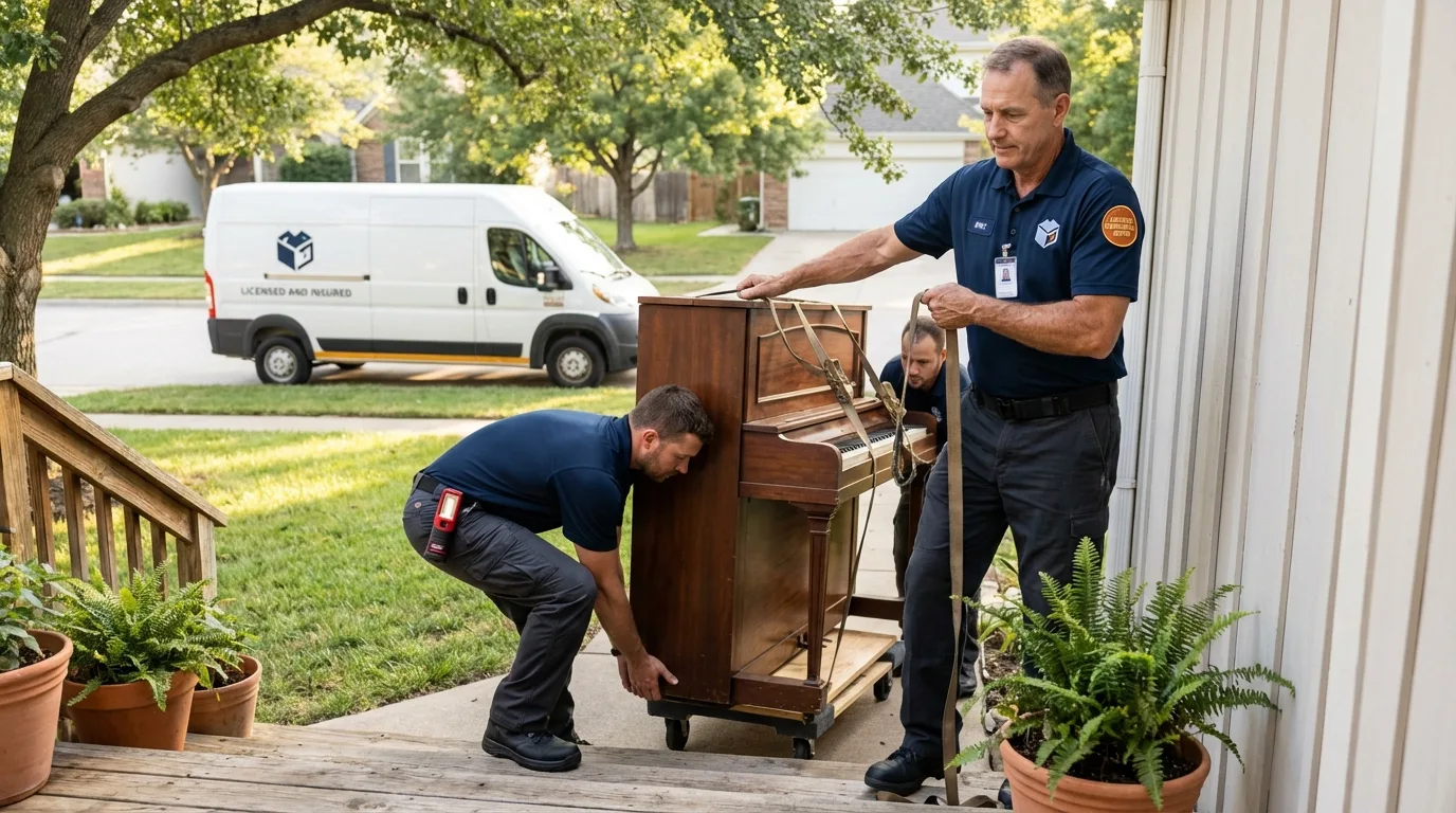 Licensed piano movers securing grand piano in Hayden, CO
