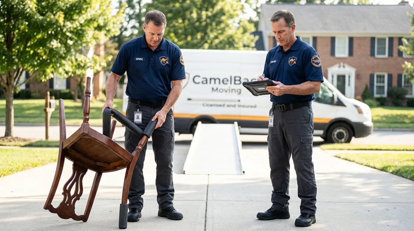 Movers inspecting furniture for damage prevention before loading in Hayden, CO