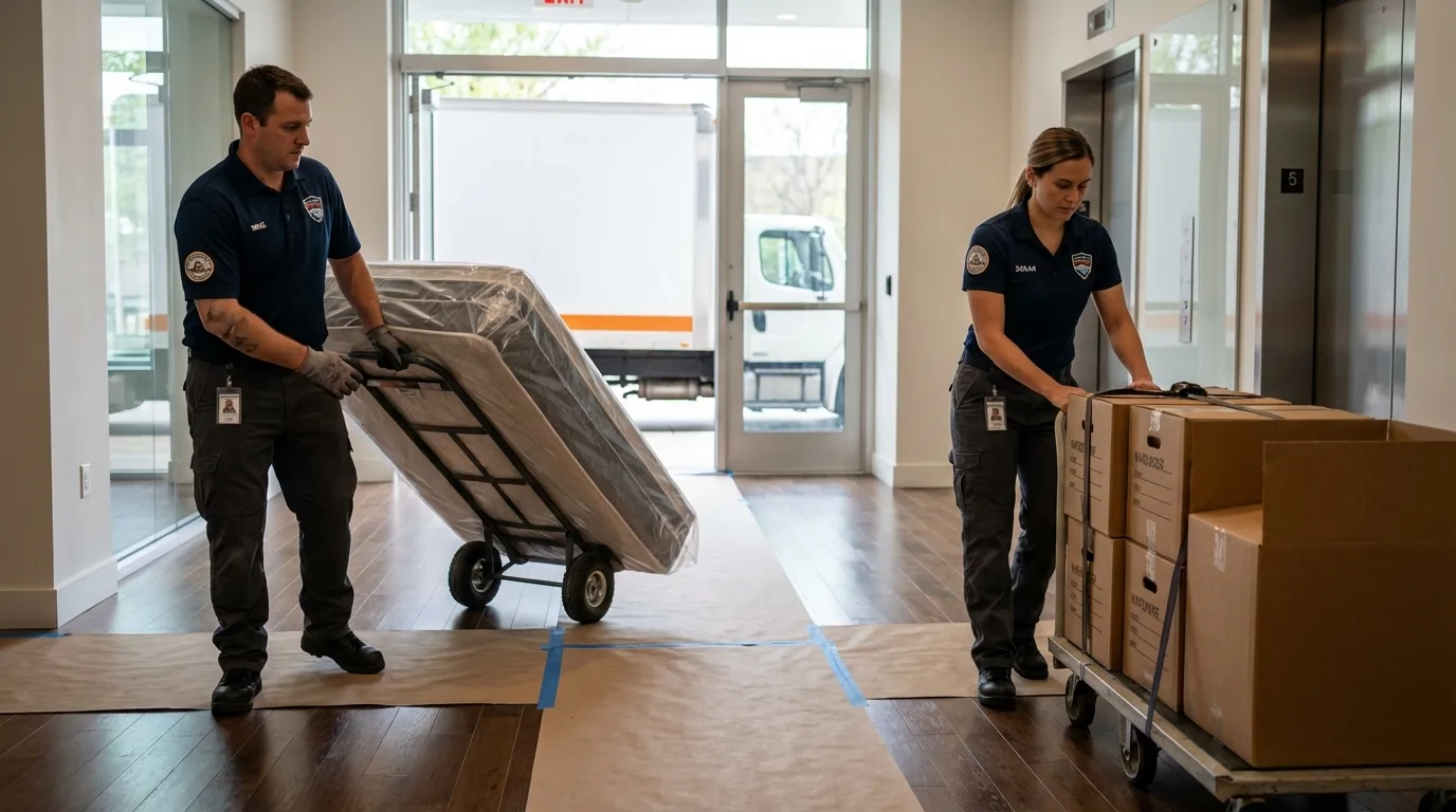 Professional apartment movers loading elevator in Hayden, CO