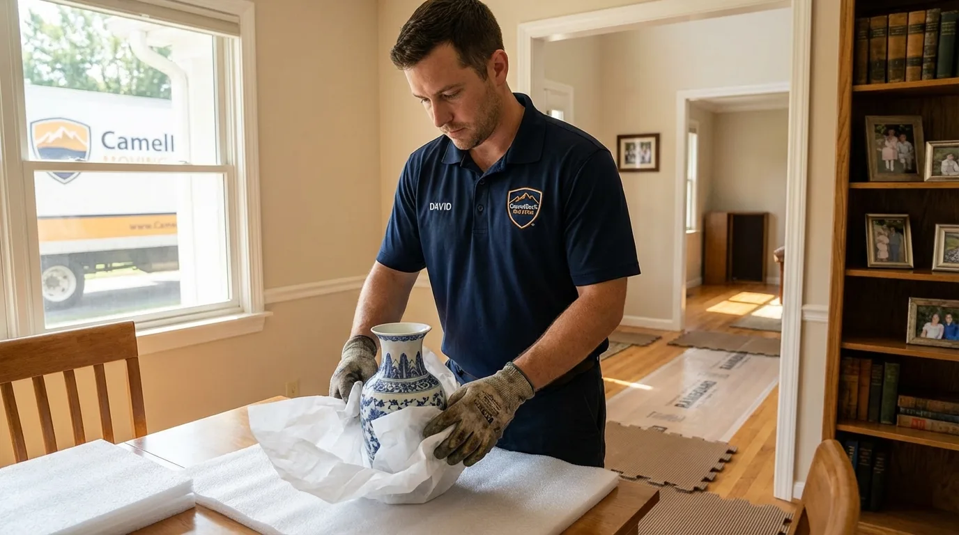 Professional crew carefully wrapping antique vase for senior downsizing move in Hayden, CO